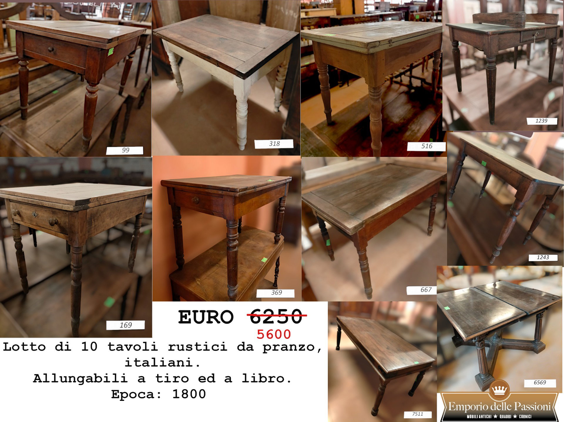 Lotto di 10 tavoli rustici piemontesi allungabili